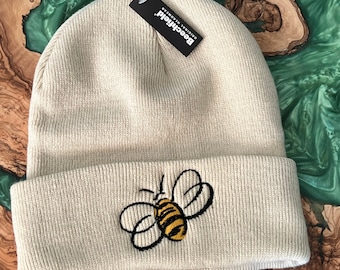 Embroidered Bee Beanie Hat, Cute Winter Bumblebee Hat, Bee Gift, Embroidery Bee Present Bee Kind