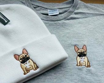 SET OF French bulldog Beanie Hat & T-shirt, Ladies embroidered French bulldog hat and t shirt, frenchie bulldog gift idea