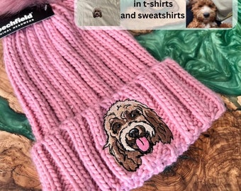 Premium Embroidered Cockapoo Pom Pom Beanie Hat, Cute Winter cockerpoo cavapoo Bobble Hat, cockapoo Gift, Embroidery dog Present