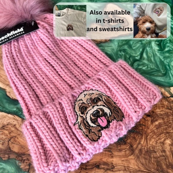 Premium Embroidered Cockapoo Pom Pom Beanie Hat, Cute Winter cockerpoo cavapoo Bobble Hat, cockapoo Gift, Embroidery dog Present