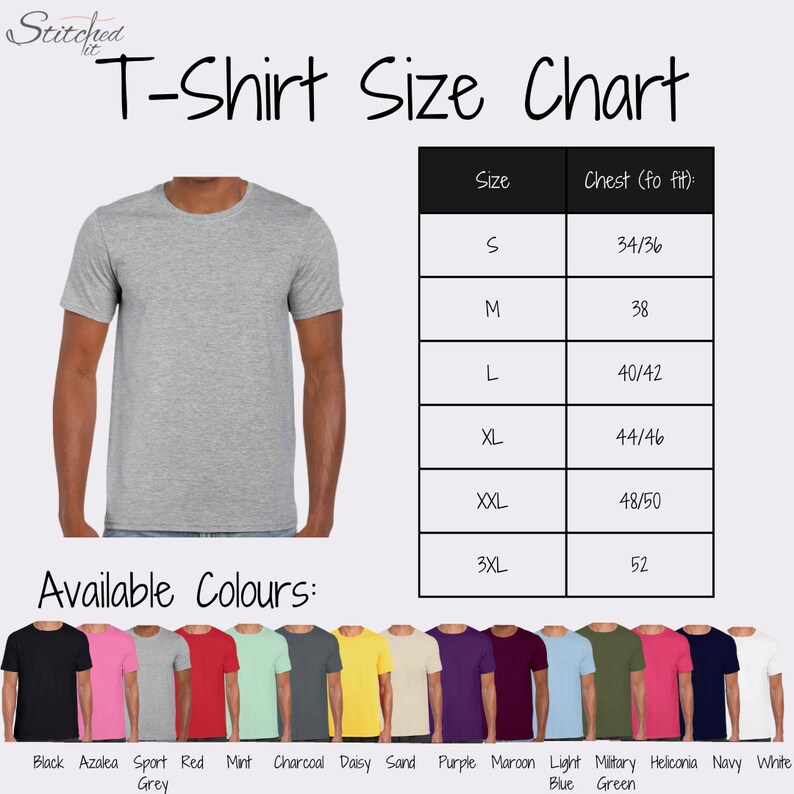 K&ouml;nnte beinhalten: T-Shirt Gr&ouml;&szlig;entabelle mit Ma&szlig;en in Zoll f&uuml;r die Gr&ouml;&szlig;en S bis 3XL. Verf&uuml;gbare Farben sind Schwarz, Azalee, Sportgrau, Rot, Minze, Anthrazit, G&auml;nsebl&uuml;mchen, Sand, Lila, Rotbraun, Hellblau, Milit&auml;rgr&uuml;n, Heliconia, Marineblau und Wei&szlig;.