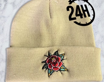 Traditional Beanie Embroidered Rose Hat Tattoo Style Rose Stitched Rose