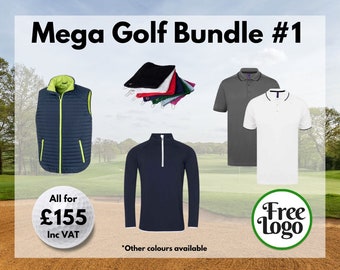 Embroidered Golf Bundle with YOUR LOGO Personalised Golfing Stitched Logo Clothing Polo Shirts Quarter Zip Gilet