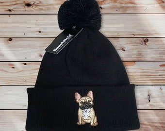 French bulldog Beanie Pom Pom Hat, Mens Ladies embroidered French bulldog hat, frenchie bulldog gift idea