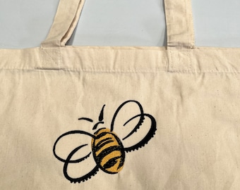 Embroidered Reusable Handmade Bee Canvas Tote Bag with Embroidered Bee - Ecofriendly Bee Gift Bee Present Bee Happy