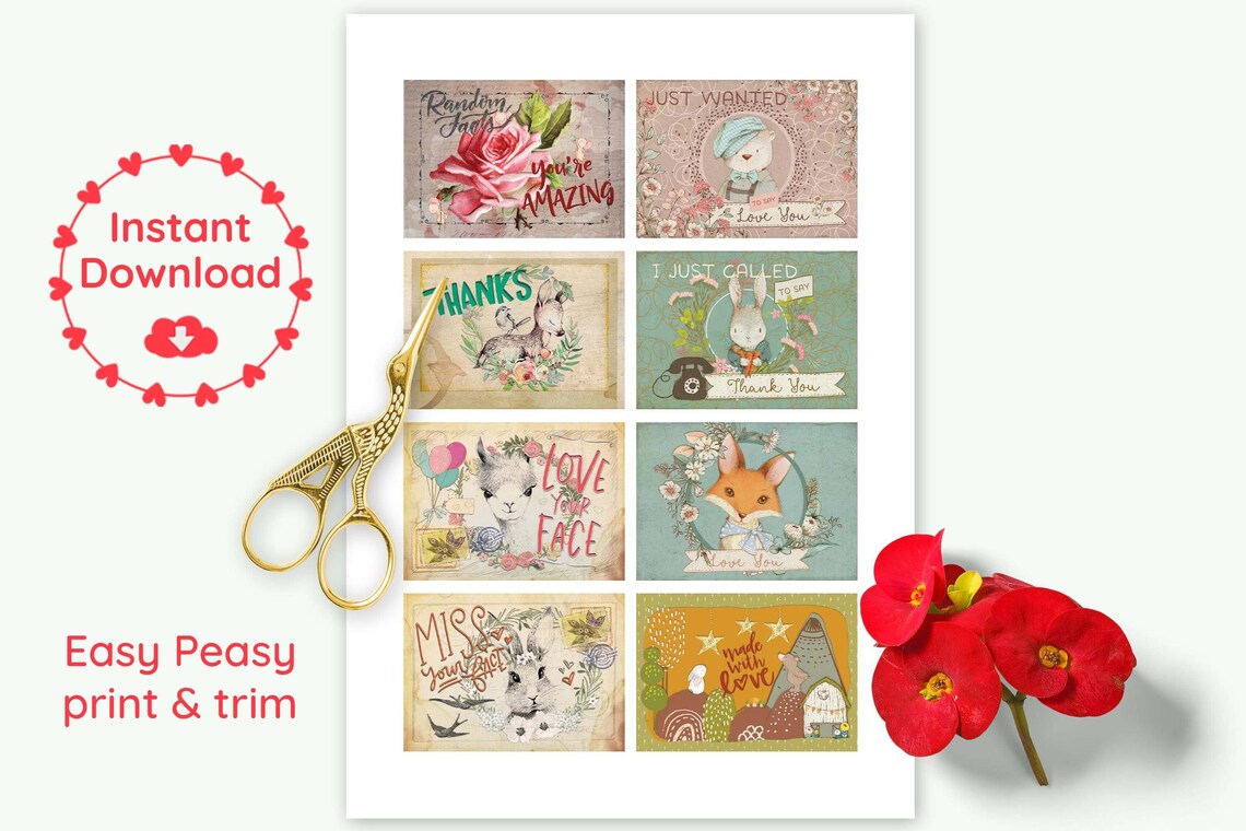 Vintage Style Mini Cards, Printable Gratitude & Love Lunchbox Notes