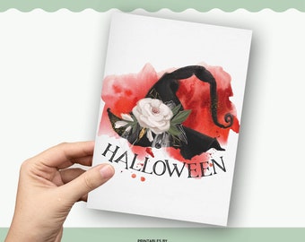 Printable Halloween Card, Halloween Greetings, Happy Halloween Card | Floral Witch Hat Card, Halloween Gift