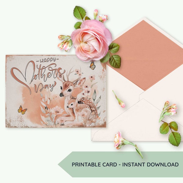 Whimsical Wonders: Printable Mother's Day Greeting Card | Warm Earthy Palette | Floral Deer and Fawn | Unique and Thoughtful Gift