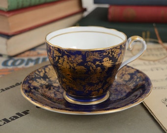 Vtg Aynsley Cobalt Blue and Gold Teacup and Saucer, Pattern 869