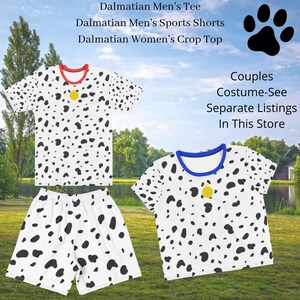 May include: White t-shirts and shorts with black spots, resembling a Dalmatian dog pattern. The t-shirts have colored necklines and a yellow circle detail. Text on the image reads "Dalmatian Men's Tee, Sports Shorts, Women's Crop Top".