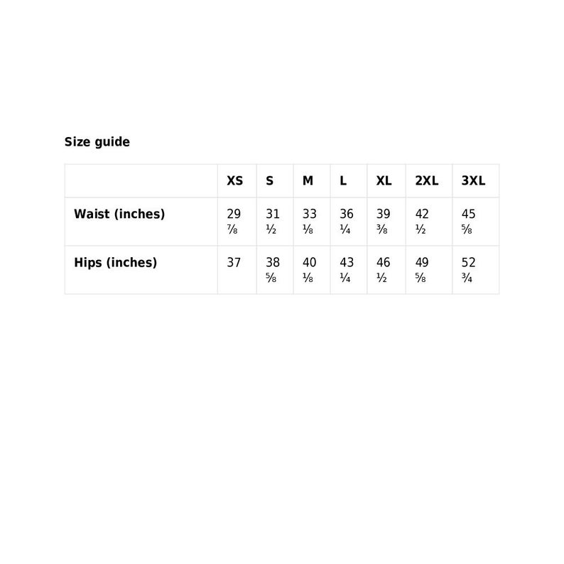 May include: A size guide table with measurements in inches for waist and hips. Sizes range from XS to 3XL, with corresponding measurements for each size. The text "Size guide" is at the top.