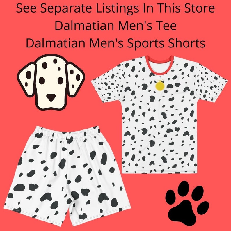 May include: White t-shirt and shorts set with a Dalmatian pattern. The t-shirt has a red collar and a gold pendant. The shorts have an elastic waistband. A Dalmatian dog face and paw print are also shown.