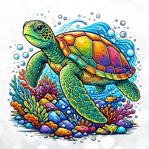 May include: A vibrant illustration of a sea turtle swimming in the ocean. The turtle has a green head and flippers, and a shell with a rainbow of colors. The scene includes coral, bubbles, and a small fish.