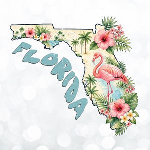 Florida karta PNG, Florida flamingo design, blommig Sunshine State sublimering, retro Florida karta grafik (digital nedladdning)