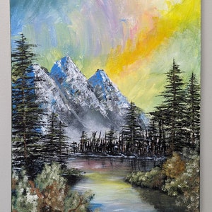 Hand Painted Nature Acrylic Painting - Mountain Scene on 16 x 20 Stretched Canvas