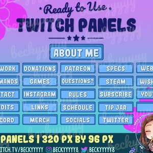 May include: A set of 25 blue Twitch panels with white text, each panel is 320 pixels by 96 pixels. The panels include titles such as "Artwork", "Donations", "Patreon", "Specs", "Website", "Commands", "Games", "Questions?", "Steam", "Wishlist", "Contact", "Instagram", "Rules", "Subscribe", "Youtube", "Credits", "Links", "Schedule", "Tip Jar", "Twitter", "Discord", "Merch", and "Socials". The panels are designed to be used on a Twitch channel.