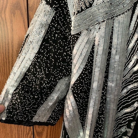 Vintage Heavily Beaded and Sequin Black and Silve… - image 10