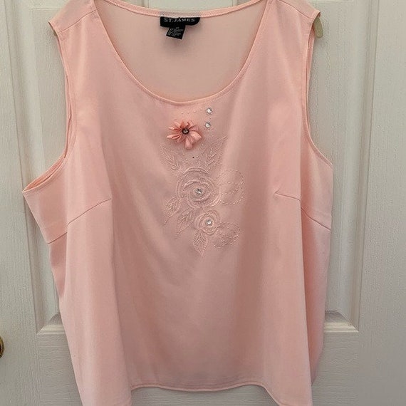 Vintage Pink Beaded Rhinestone Rose Tank Top - image 1