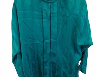 Vintage Teal Blue Green Striped High Neck Collar Button Blouse