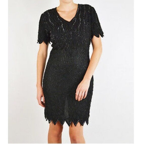 Adrianna papell sequin beaded cocktail dress with flutter sleeves and scallop trim sales