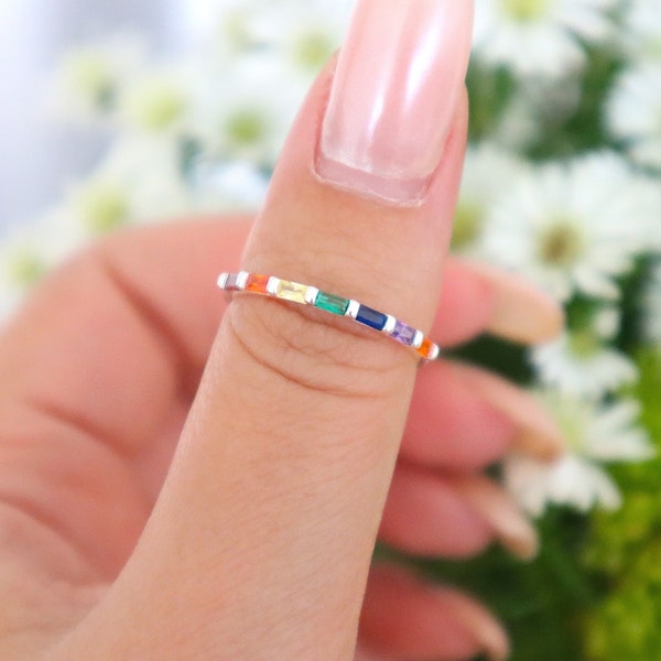 Rainbow baguette ring, Gay Pride ring, Queer Pride Minimalist ring, Multicolored ring with CZ, pride ring, LGBTQ ring