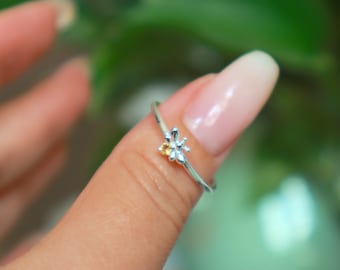 Dainty Sterling Silver Bee Ring with Yellow CZ Stone