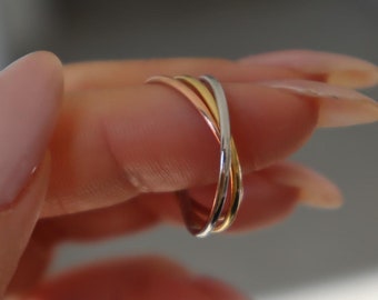 Dreifarbiger Walzenring, Dreifarbiger Walzenring, Sterling Silber mit Gelb und Gold Rose Überzug