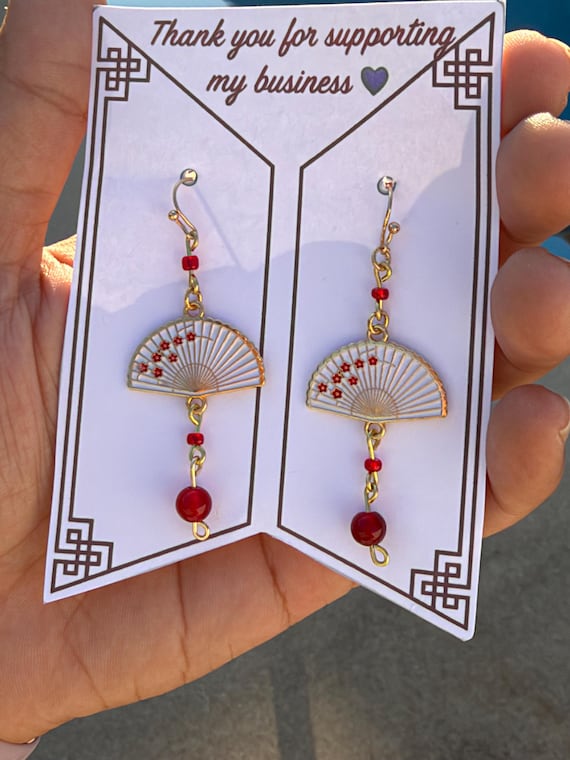Korean Folding Fan Earrings, Red Lotus Dangle Earrings, Kpop Inspired Jewelry | Arirang Inspired Fan Gift | Concert Outfit Accessory