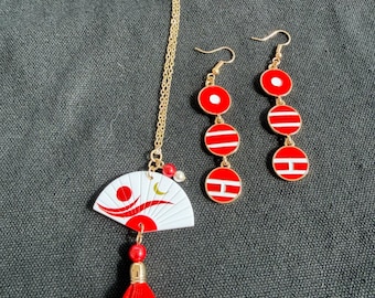 Collar con borla roja estilo abanico / Joyería para conciertos de Kpop / Conjunto de cadena dorada para estadio / Regalo para fans inspirado en Arirang