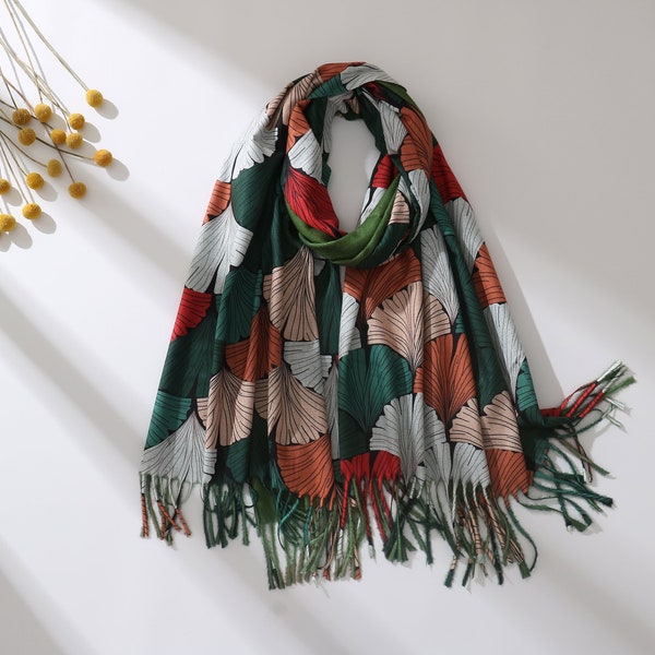 Reversible Cashmere Feel Winter Fringe Shawl Autumn Embroidered Initial Scarf Gift for Her