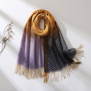 Lavender Purple Gold Gray Gradient Thick Warm Winter Shawl Blanket Scarf Personalized Initial Gift for Her