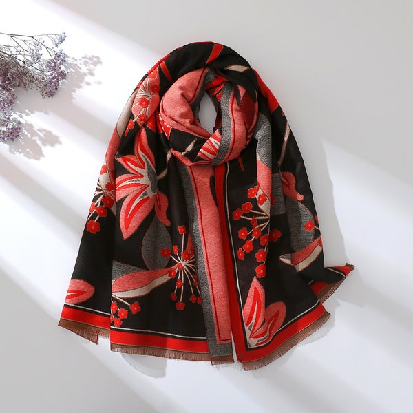 Embroidered Initial Black Red Floral Thick Winter Shawl Warm Cashmere Feel Evening Coverup Flower Woman Blanket Scarf Gift for Her