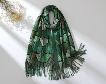 Personalized Initial Scarf Green Reversible Cashmere Feel Winter Shawl Autumn Leaves Fringe Wrap Birthday Gift for Her