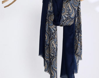 Navy Blue Beige Paisley Raw Edge Unisex Scarf Lightweight Two-tone Men Scarves Christmas Gift for Him