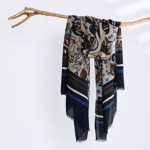 Brown Navy Beige Floral Unisex Scarf Urban Fashion Shawl Men Woman Scarves Birthday Gift for Him