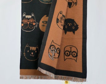 Caramel Brown Earthy Cat Winter Shawl Cashmere Feel Kitten Scarf Personalized Initial Embroidery Gift