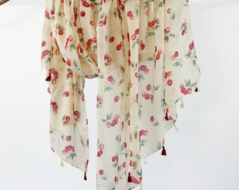 Red Cherry Soft Voile Scarf Lightweight Boho Shawl Fun Fruit Tassel Wrap Gift for Her 73x33"