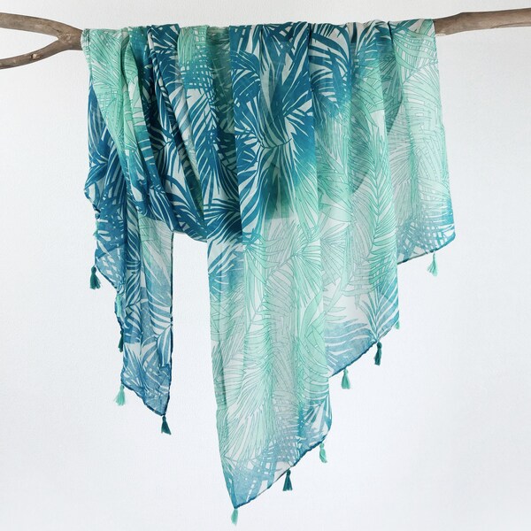 Green Teal Blue Tropical Leaves Woman Scarf Boho Botanical Tassel Shawl Boho Wraps Gift for Her 73x33"