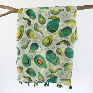 Green Scarf Lightweight Boho Shawl Fun Food Tassel Wrap Birthday Mother&#39;s Day Gift for Avocado Lover 73x33&quot;