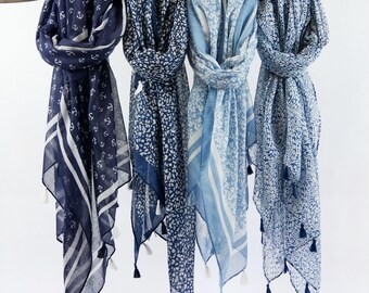 Blue White Print Lightweight Voile Spring Scarf Boho Tassel Shawl Gift for Her 73x33&quot;