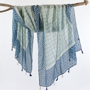 Blue Off White Exotic Woman Scarf Boho Tassel Shawl Spring Wrap Gift for Her 73x33&quot;