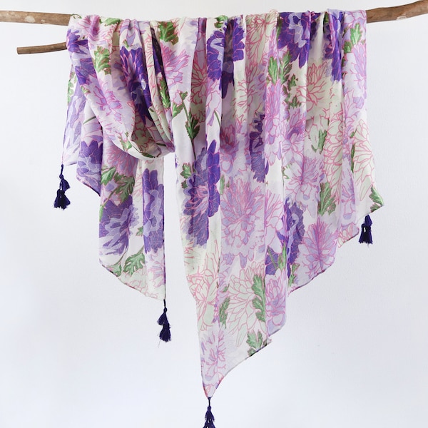 Purple Floral Tassel Shawl Cotton Feel Woman Scarf Boho Botanical Flowers Wrap Beach Sarong Gift for Her 73x33"