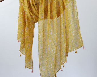 Sunny Yellow Floral Woman Scarf Soft Tassel Shawl Boho Botanical Wrap Gift for Her
