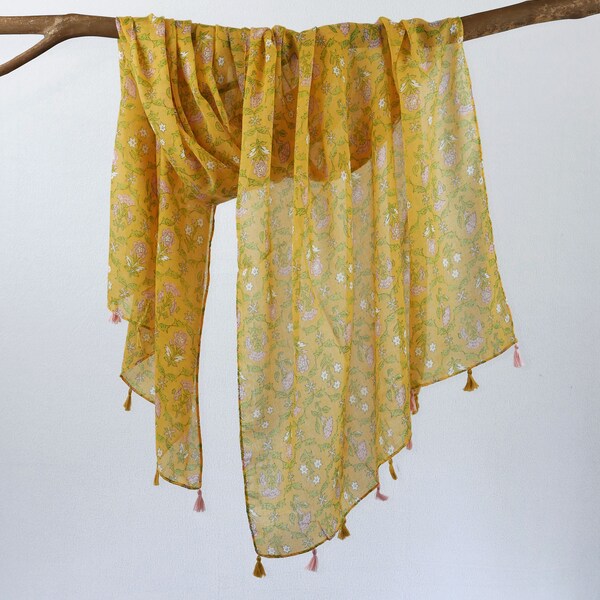 Sunny Yellow Floral Woman Scarf Soft Tassel Shawl Boho Botanical Wrap Gift for Her