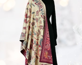 Rose Cream Paisley Floral Shawl Thick Winter Blanket Scarf Reversible Wrap Personalized Gift for Her