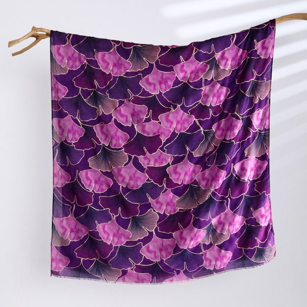 Gold Foil Outlines Ginkgo Leaves Raw Edge Autumn Scarf Purple Fall Shawl Boho Wrap Gift for Her 71x33"