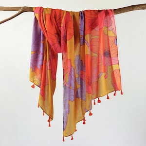 Purple Red Gold Autumn Color Scarf Boho Botanical Tassel Shawl Fall Wrap Mothers Day Gift