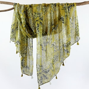 Pickle Green Woman Scarf Botanical Leaves Tassel Shawl Boho Wrap Birthday Mothers Day Gift for Her 73x33&quot;