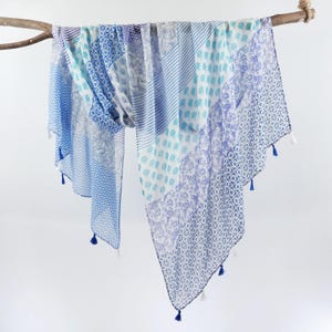 Blue Paisley Floral on White Long Tassel Shawl Lightweight Boho Women Scarf Gift for Her