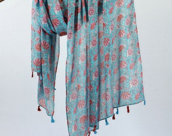 Red Floral Blue Woman Scarf Boho Tassel Shawl Botanical Flower Wrap Gift for Her